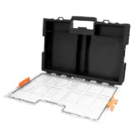 Open plastic toolbox with compartments and handle