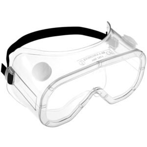 Clear safety goggles with adjustable strap.