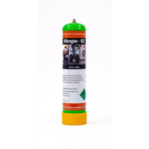 Nitrogen gas cylinder with safety instructions.