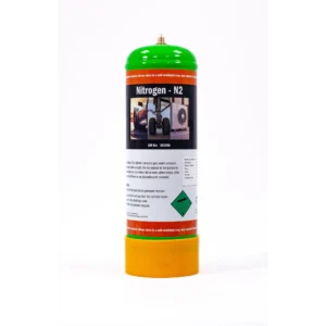Nitrogen gas cylinder with safety instructions.