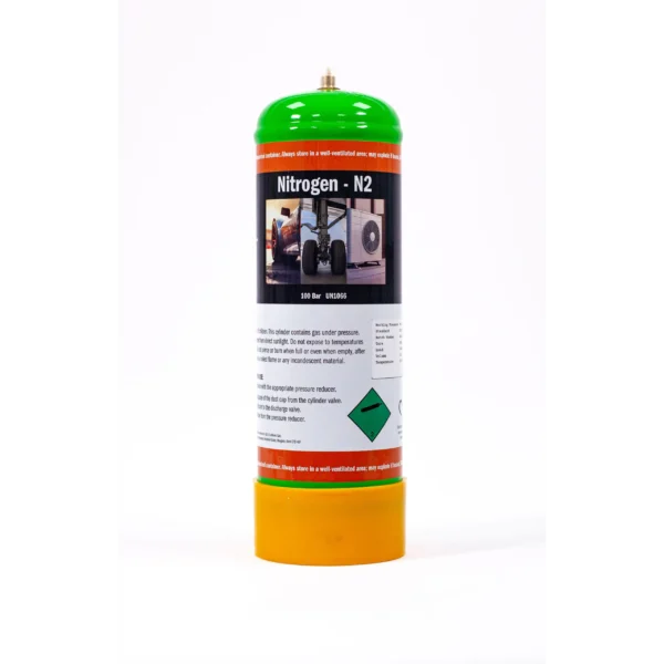 Nitrogen gas cylinder with safety instructions.