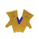 Protective welding gloves in yellow and blue.