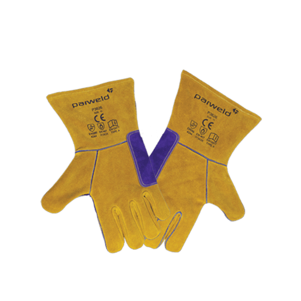 Protective welding gloves in yellow and blue.