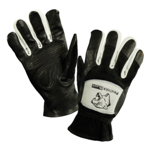Pair of black leather gloves with white accents