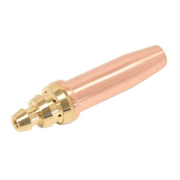 Copper welding nozzle with gold accents.