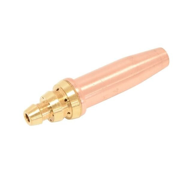 Welding torch nozzle with brass and copper components.