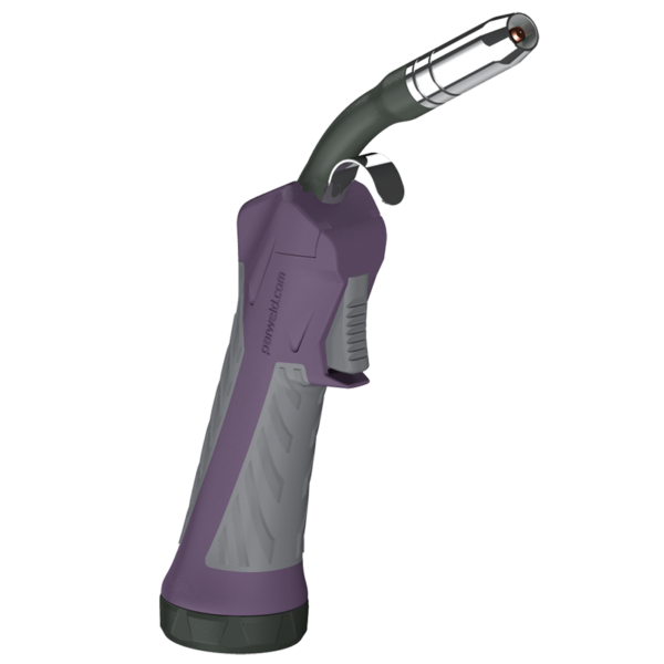 Purple welding torch with ergonomic handle.