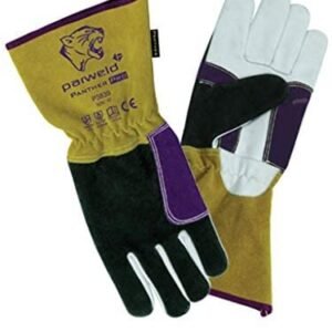 Pair of protective welding gloves in yellow and purple.