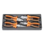 Set of orange-handled pliers in a tray.