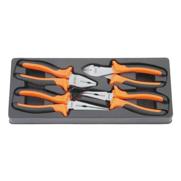 Set of orange-handled pliers in a tray.