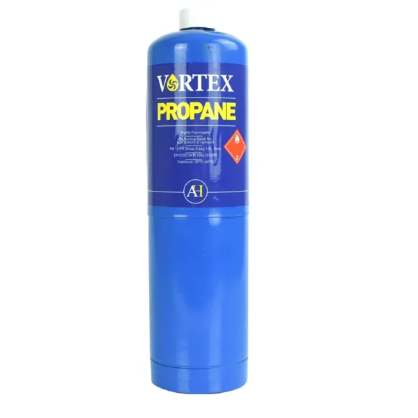 Vortex propane gas cylinder in blue packaging.