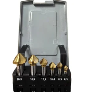 Set of five metal drill bits in a case
