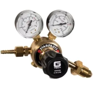 Argon gas regulator with dual pressure gauges.