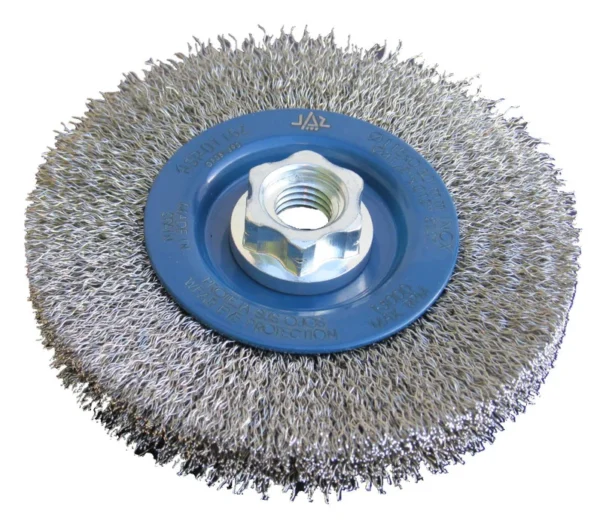 Metal wire cup brush for cleaning surfaces.