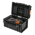 Open black toolbox with tools inside.