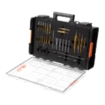 Open tool case with various drill bits and accessories.