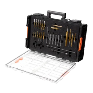 Open tool case with various drill bits and accessories.