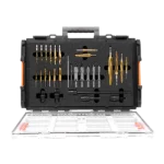 Open tool case with various drill bits and accessories.