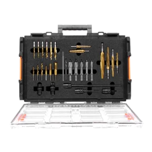 Open tool case with various drill bits and accessories.