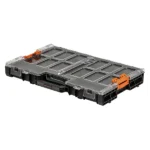 Clear storage box with orange latches and compartments.