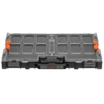 Clear storage box with multiple compartments.