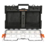 Open tool storage case with compartments and handle.