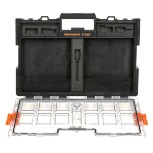 Open tool storage case with compartments and handle.
