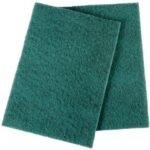 Two green scouring pads for cleaning surfaces.