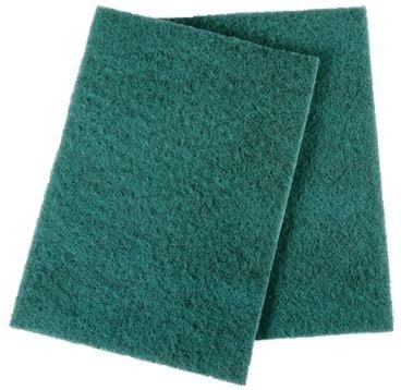 Two green scouring pads for cleaning surfaces.