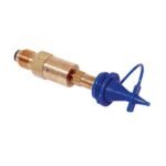 Brass valve with blue nozzle attachment.