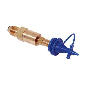 Brass valve with blue nozzle attachment.