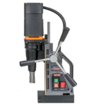 Industrial magnetic drill press with controls.
