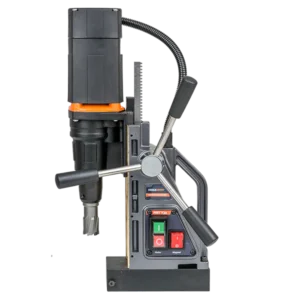 Industrial magnetic drill press with controls.