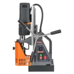 Vertical milling machine with control panel and handle.
