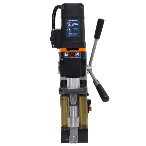 Industrial drilling machine with safety features.