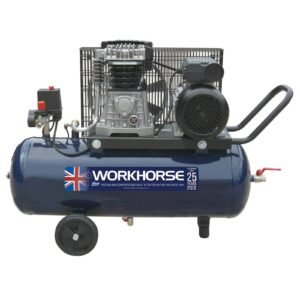 Workhorse piston air compressor with tank and motor.