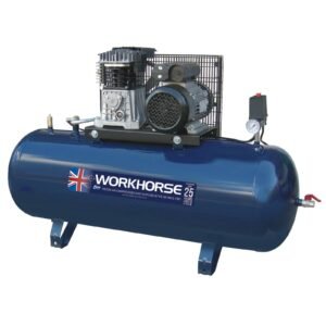 Industrial air compressor with blue tank and motor.