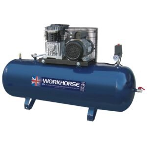 Blue air compressor with motor and pressure gauge.
