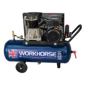 Air compressor with blue tank and engine