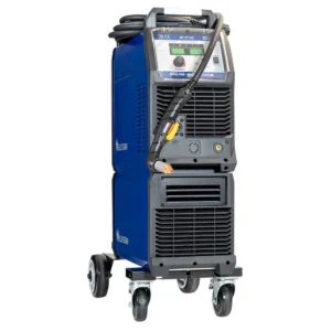 Blue welding machine on wheels with digital display.