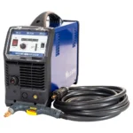 Blue welding machine with attached cable.