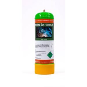 Cylinder of argon welding gas with safety instructions.