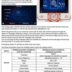 Welding display settings interface and options.