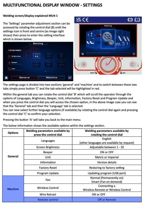 Welding display settings interface and options.