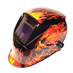 Flame-designed welding helmet with skull graphics.