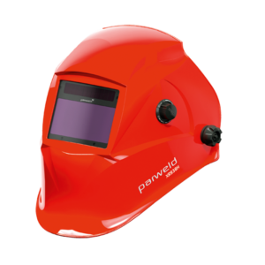 Red welding helmet with adjustable features