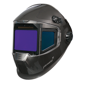 Welding helmet with darkened visor and controls