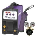 Welding machine with regulator and torch accessory.