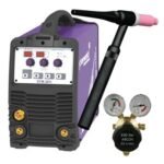 Welding machine with torch and pressure gauges.