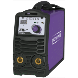 Purple welding machine with digital display and controls.